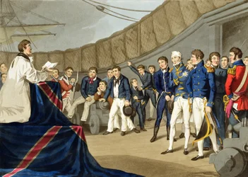 Matrosen beim Gebet an Bord von Lord Nelsons Schiff nach der Schlacht am Nil, graviert von John Heaviside Clark und Matthew Dubourg aus 